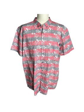 Molokai Surf Button Down Hawaiian Shirt XXL Red Grey Camp Stripes Pocket